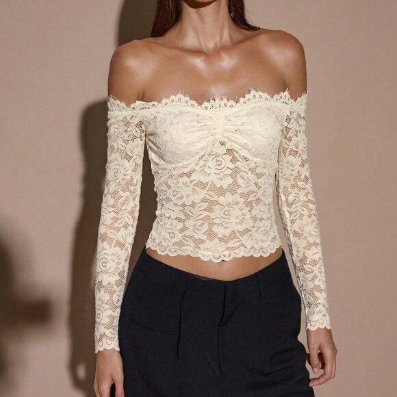Tops - Apricot Elegant Women's Sexy Sheer Hollow Off Shoulder Long Sleeve Lace Top